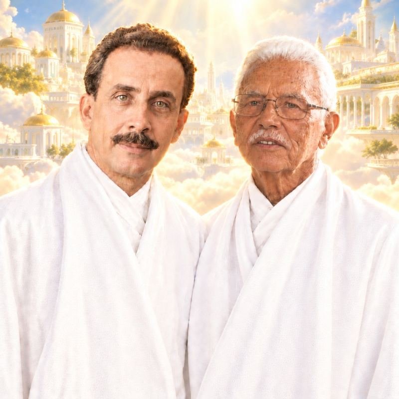 Benfeitores em vestes brancas junto à cidade espiritual