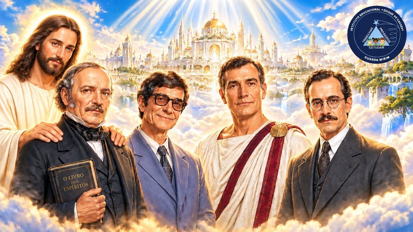 Jesus, Allan Kardec, Chico Xavier e benfeitores da Espiritualidade diante de uma cidade espiritual